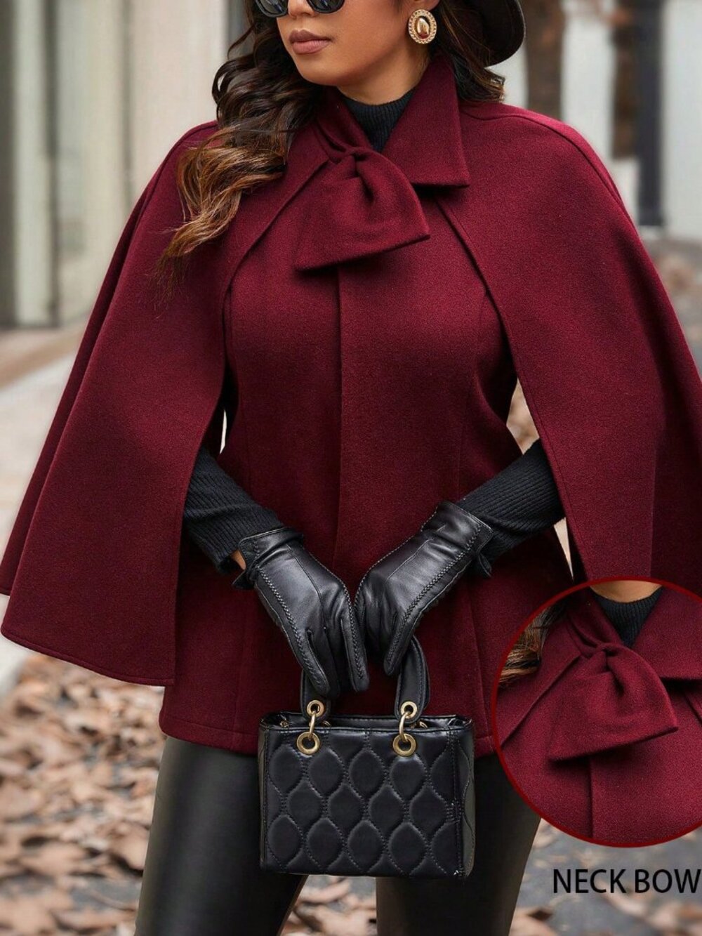 Burgundy Elegant Women's Plus Size Poncho Short Oveercoat